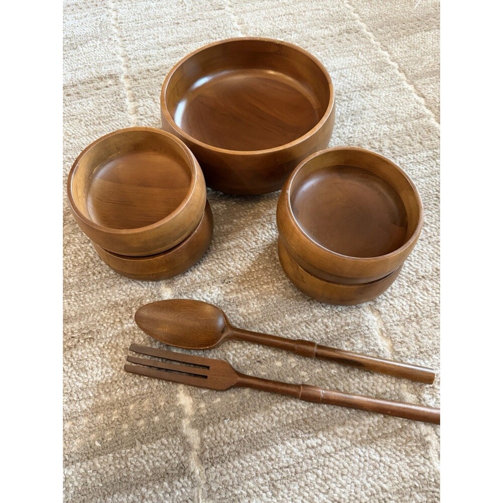 Vintage Hellerware 7 Pc Deluxe Salad Set Walnut Finish MCM (original box avail)